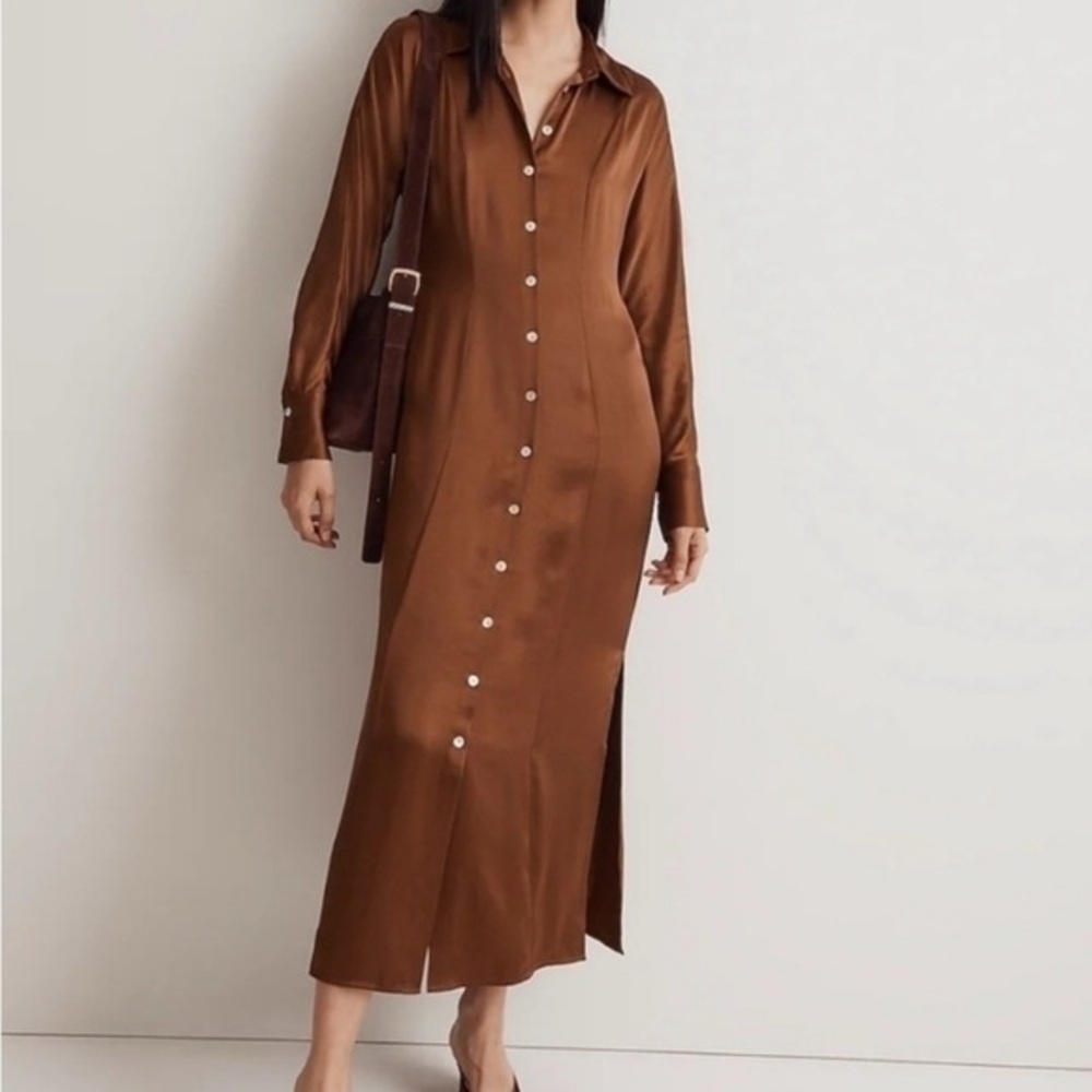 Madewell satin brown long sleeve button midi dress